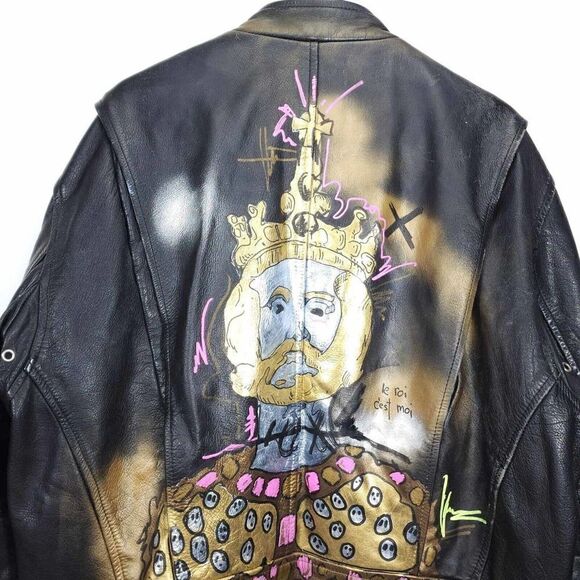 Mega Force Men's Sz46 Black Leather Custom Hand Painted Zip Motorcycle Jacket - Picture 7 of 16